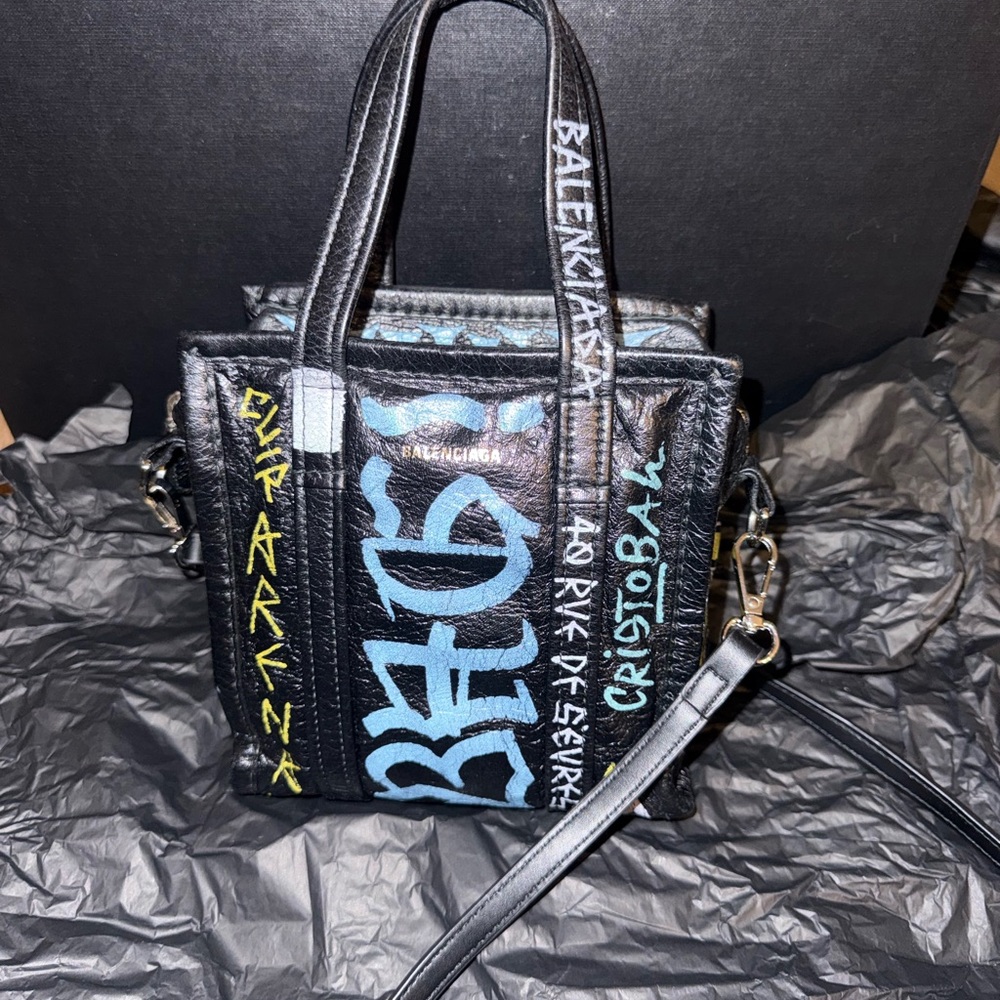Balenciaga Black and Blue Mini Bag with Graffiti